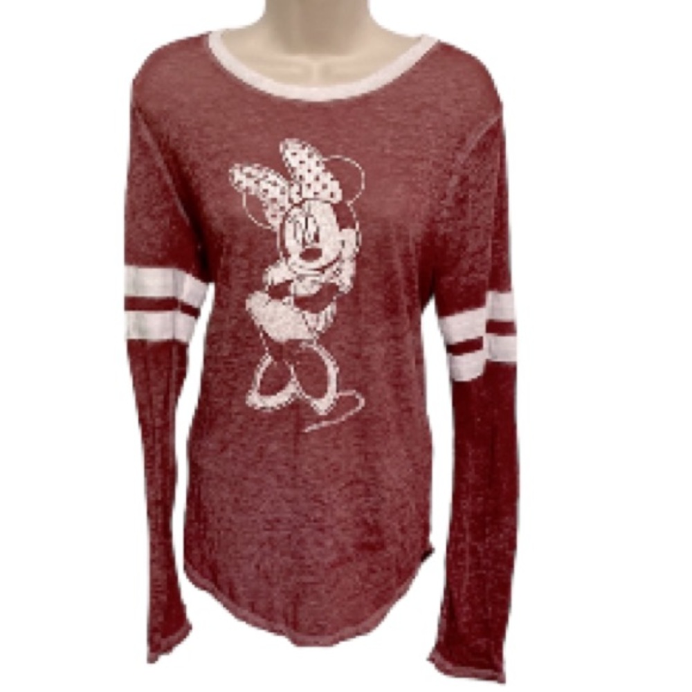 Disney Minnie Mouse Long Sleeve Top Burgundy White Semi Sheer Large